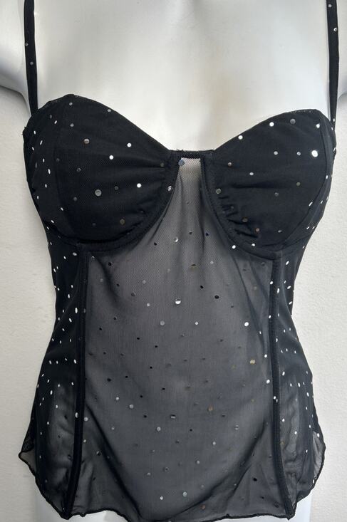 Princess Polly Other - Princess Polly Women’s 6 Mesh Corset Top Black Metallic Polka Dots Boned Cami